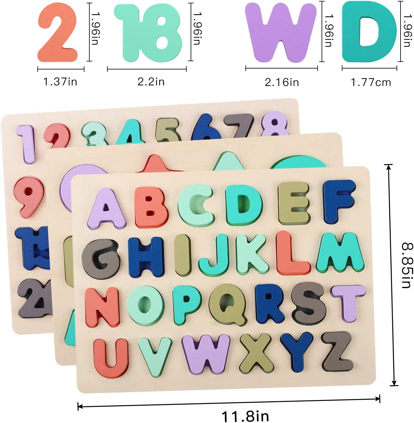 Wooden Educational Puzzles for Toddlers: Alphabet, Number, and Shape Learning Toys for Children Ages 3-5 (Set of 3)