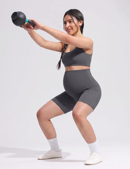 Women'S Maternity Yoga Shorts over the Belly Bump Summer Workout Running Active Short Pants with Pockets 5"/8"