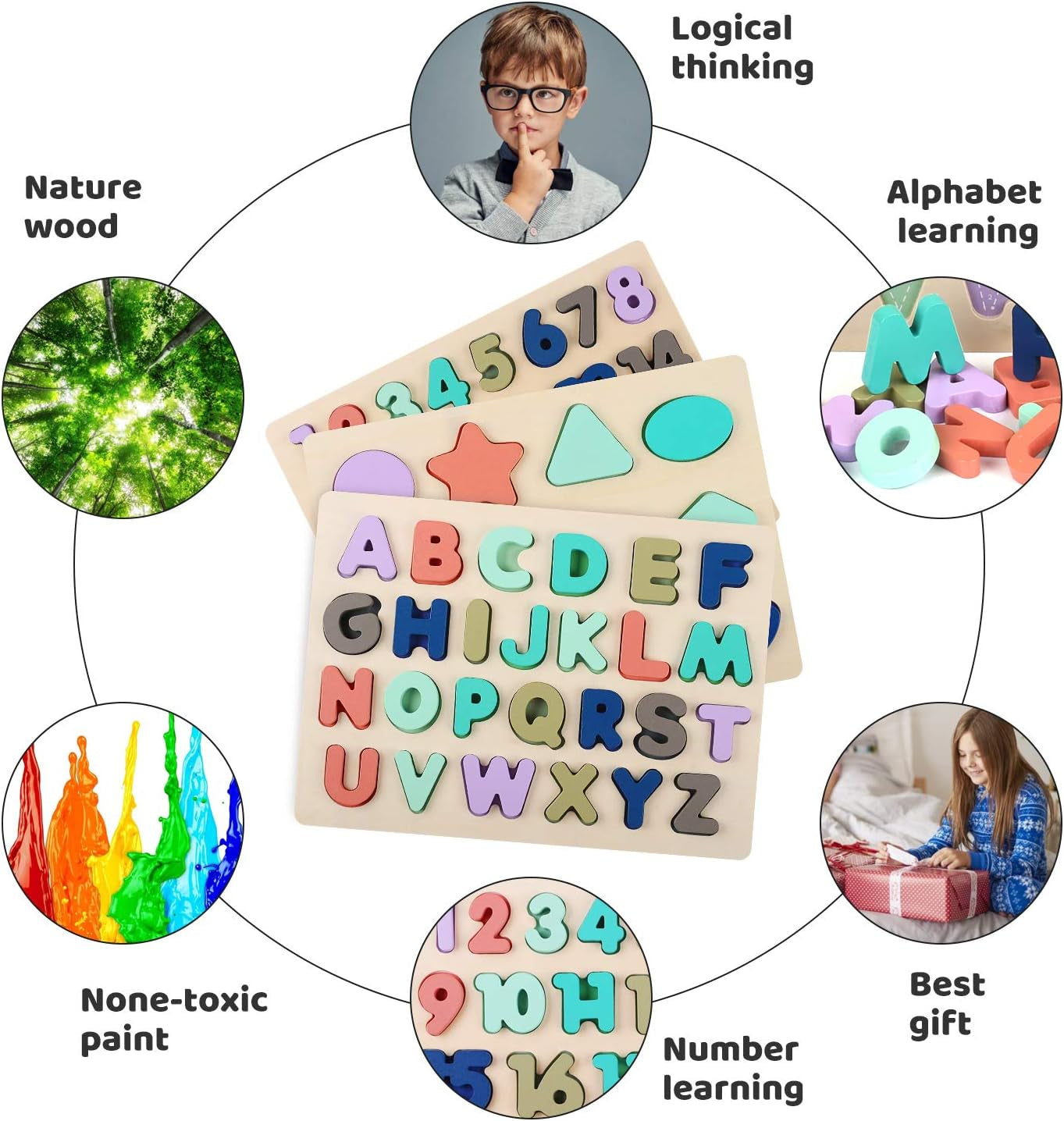 Wooden Educational Puzzles for Toddlers: Alphabet, Number, and Shape Learning Toys for Children Ages 3-5 (Set of 3)