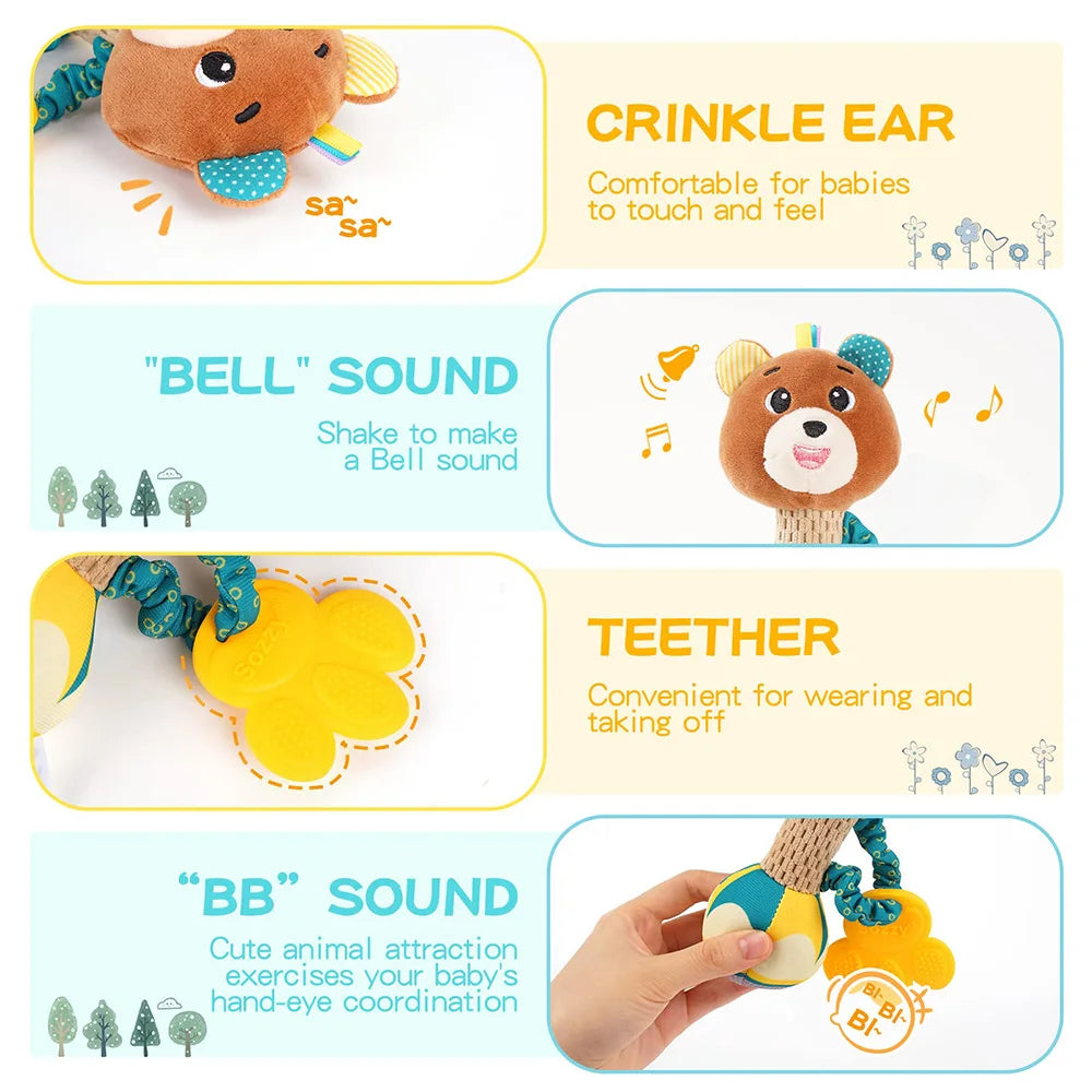 Soft Plush Baby Rattles - Sensory Hand Grip Toys with Crinkle and Squeaky Features for Toddlers - Ideal Travel Accessories and Gift Options