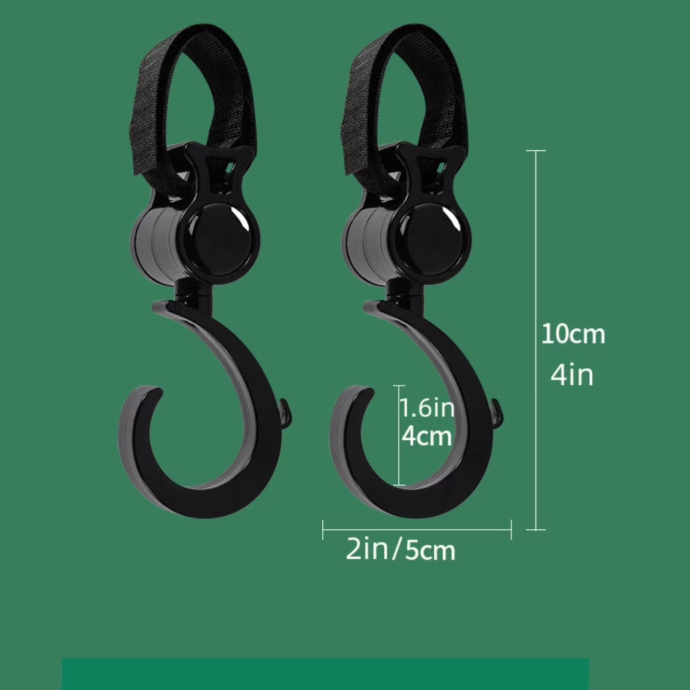 Multifunctional 360° Rotating Stroller Hooks, Zinc Alloy, Black, Set of 2