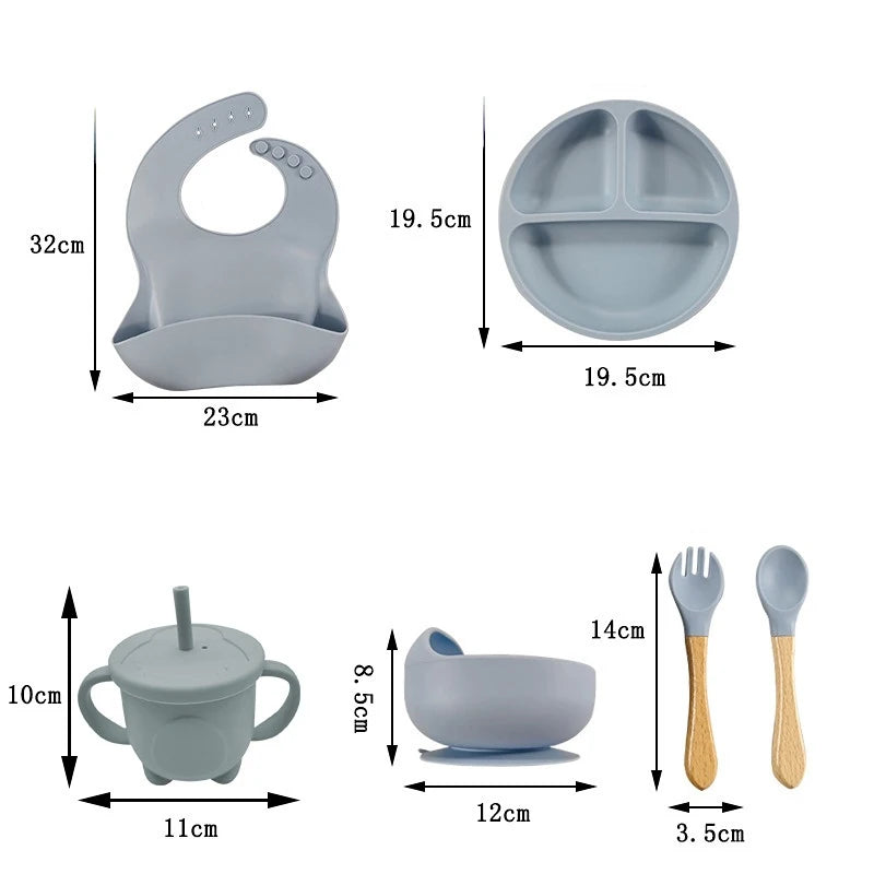 Children's Silicone Tableware Set - 6/8-Piece Dining Essentials with Suction Cups, Forks, Spoons, Bibs, Straws, and Cups for Mothers and Babies