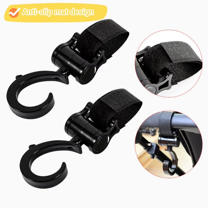 Multifunctional 360° Rotating Stroller Hooks, Zinc Alloy, Black, Set of 2