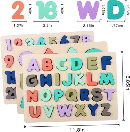 Wooden Educational Puzzles for Toddlers: Alphabet, Number, and Shape Learning Toys for Children Ages 3-5 (Set of 3)