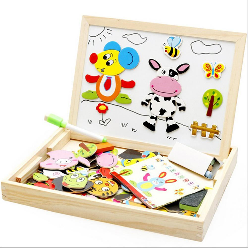 3D Wooden Magnetic Puzzle Toy Set for Children - Animal Circus Figures and Drawing Board for Educational Learning