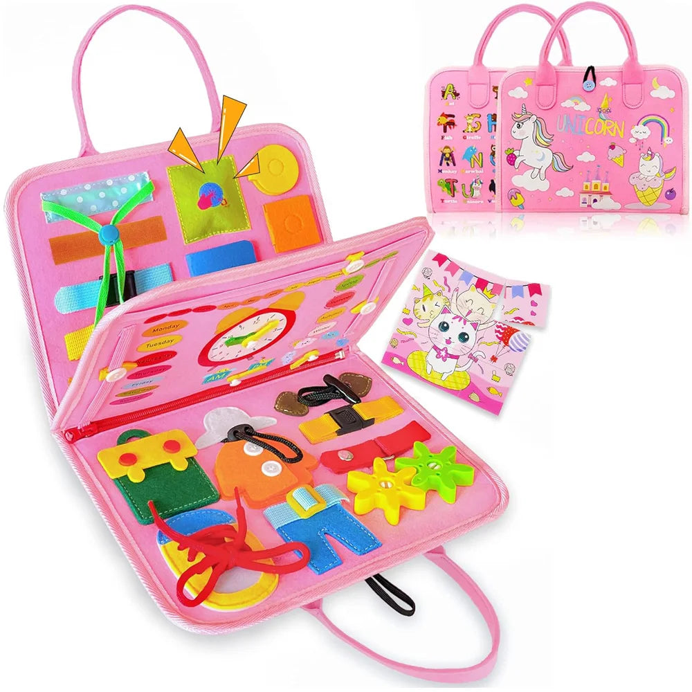 Montessori-Inspired Toddler Busy Board: Educational Travel Toy with Dinosaur Dress-Up and Sensory Life Skills Activities
