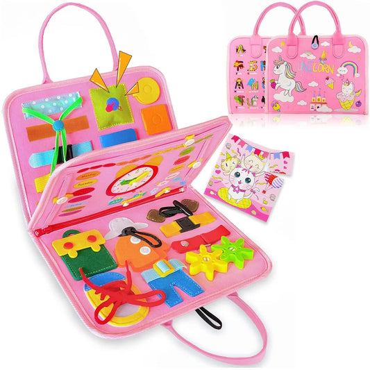 Montessori-Inspired Toddler Busy Board: Educational Travel Toy with Dinosaur Dress-Up and Sensory Life Skills Activities