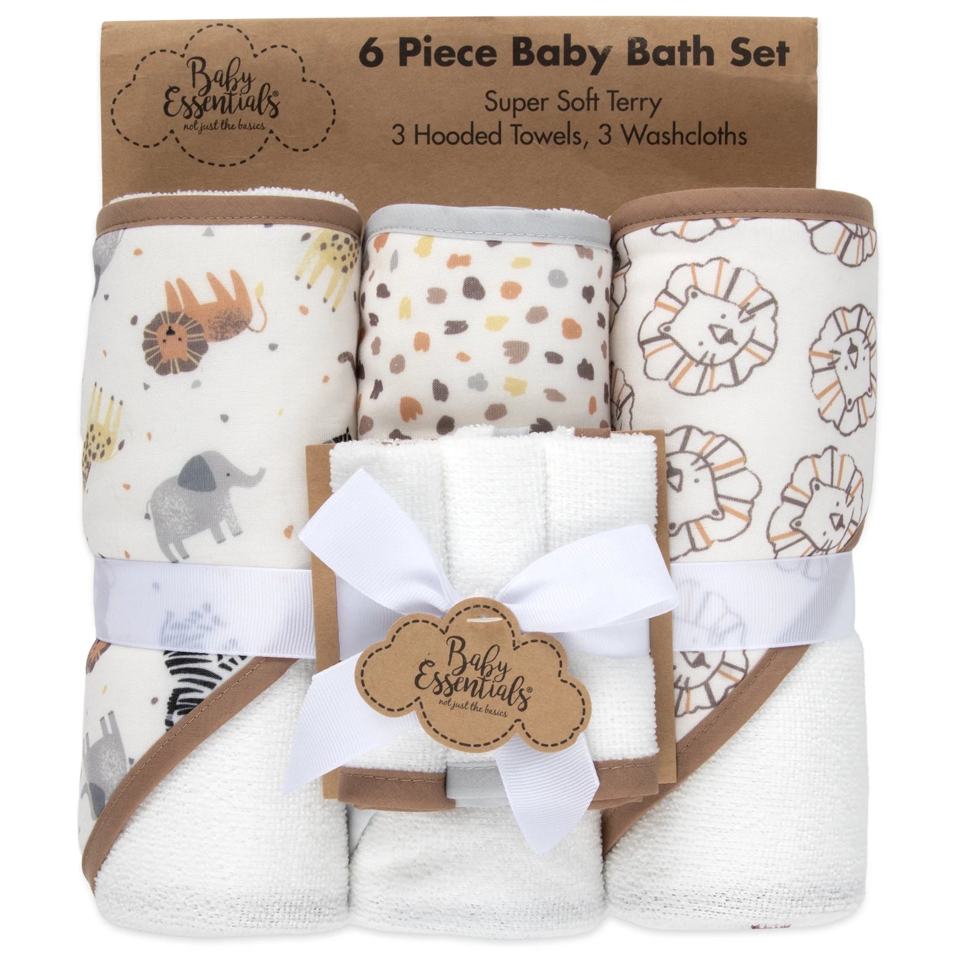 6 Piece Hooded Bath Towel Washcloth Set for Infant, Newborns, Toddlers 3 – 24 Months for Bath Time, Showers, Lounge, Beach, Pool in Safari Animals