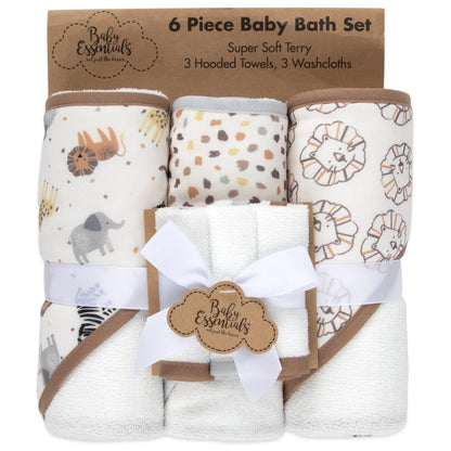 6 Piece Hooded Bath Towel Washcloth Set for Infant, Newborns, Toddlers 3 – 24 Months for Bath Time, Showers, Lounge, Beach, Pool in Safari Animals