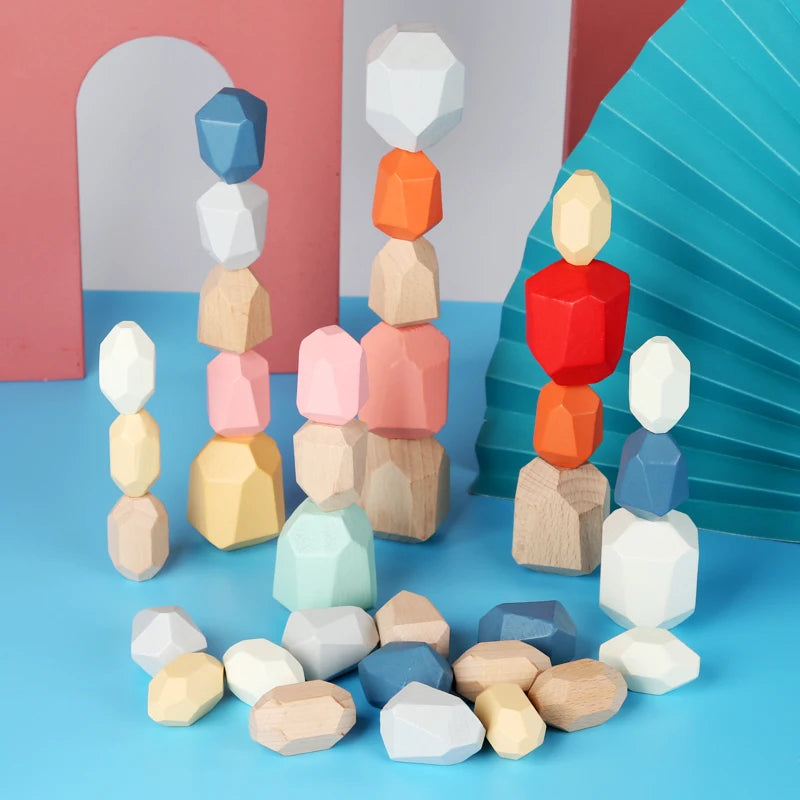 Montessori-Inspired Wooden Stacking Rocks and Sensory Stones for Toddler Learning and Development - Ideal Building Blocks Game for Kids' Birthday Gifts