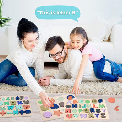 Wooden Educational Puzzles for Toddlers: Alphabet, Number, and Shape Learning Toys for Children Ages 3-5 (Set of 3)