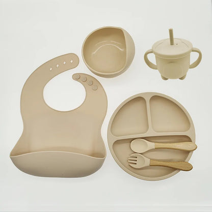 Children's Silicone Tableware Set - 6/8-Piece Dining Essentials with Suction Cups, Forks, Spoons, Bibs, Straws, and Cups for Mothers and Babies