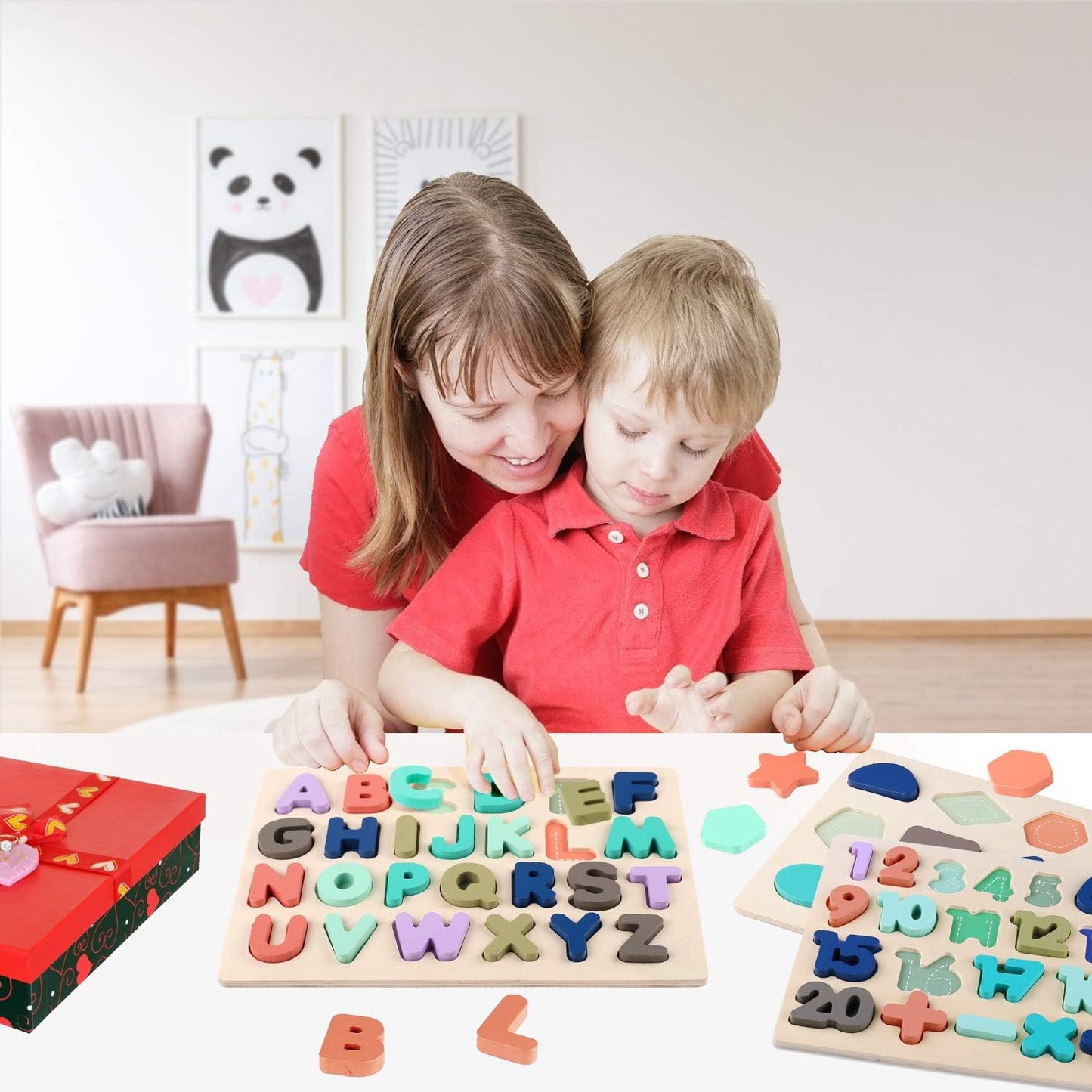 Wooden Educational Puzzles for Toddlers: Alphabet, Number, and Shape Learning Toys for Children Ages 3-5 (Set of 3)