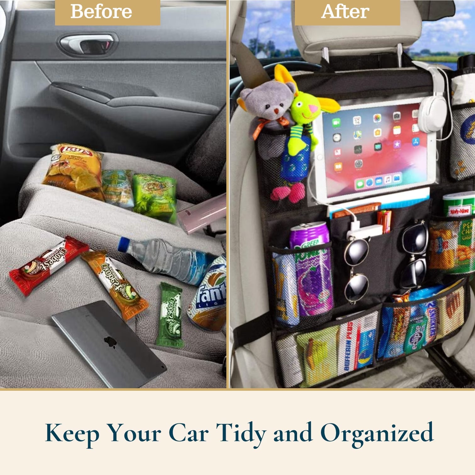 Waterproof Car Backseat Organizer with Tablet Holder and Cup Holder, 10 Pocket Kick Mats for Kids - Essential Car Accessories for Men and Women