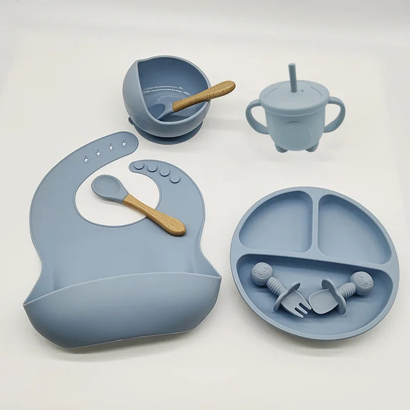 Children's Silicone Tableware Set - 6/8-Piece Dining Essentials with Suction Cups, Forks, Spoons, Bibs, Straws, and Cups for Mothers and Babies