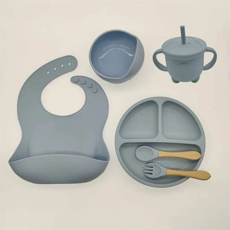 Children's Silicone Tableware Set - 6/8-Piece Dining Essentials with Suction Cups, Forks, Spoons, Bibs, Straws, and Cups for Mothers and Babies