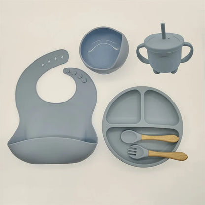Children's Silicone Tableware Set - 6/8-Piece Dining Essentials with Suction Cups, Forks, Spoons, Bibs, Straws, and Cups for Mothers and Babies