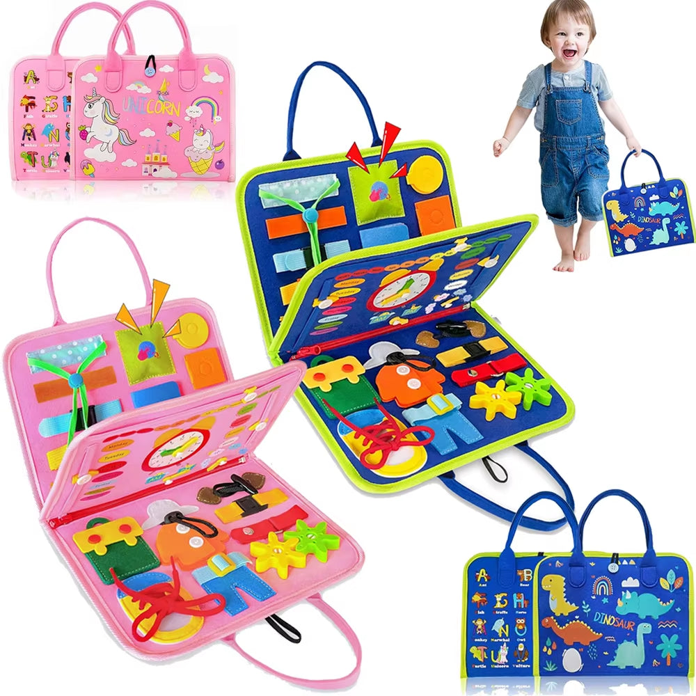 Montessori-Inspired Toddler Busy Board: Educational Travel Toy with Dinosaur Dress-Up and Sensory Life Skills Activities