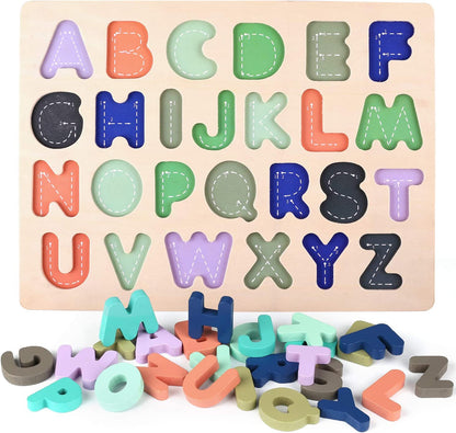 Wooden Educational Puzzles for Toddlers: Alphabet, Number, and Shape Learning Toys for Children Ages 3-5 (Set of 3)