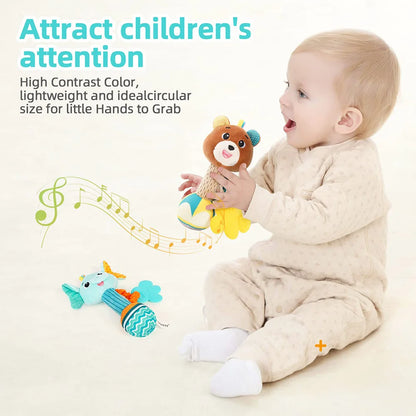 Soft Plush Baby Rattles - Sensory Hand Grip Toys with Crinkle and Squeaky Features for Toddlers - Ideal Travel Accessories and Gift Options
