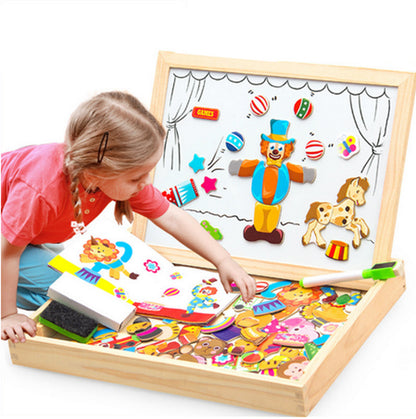 3D Wooden Magnetic Puzzle Toy Set for Children - Animal Circus Figures and Drawing Board for Educational Learning
