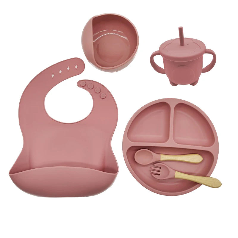 Children's Silicone Tableware Set - 6/8-Piece Dining Essentials with Suction Cups, Forks, Spoons, Bibs, Straws, and Cups for Mothers and Babies
