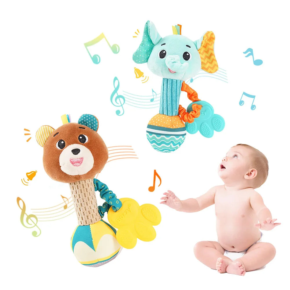 Soft Plush Baby Rattles - Sensory Hand Grip Toys with Crinkle and Squeaky Features for Toddlers - Ideal Travel Accessories and Gift Options