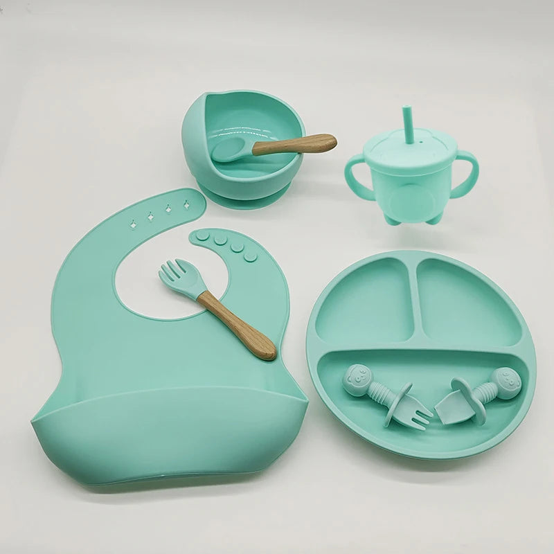 Children's Silicone Tableware Set - 6/8-Piece Dining Essentials with Suction Cups, Forks, Spoons, Bibs, Straws, and Cups for Mothers and Babies