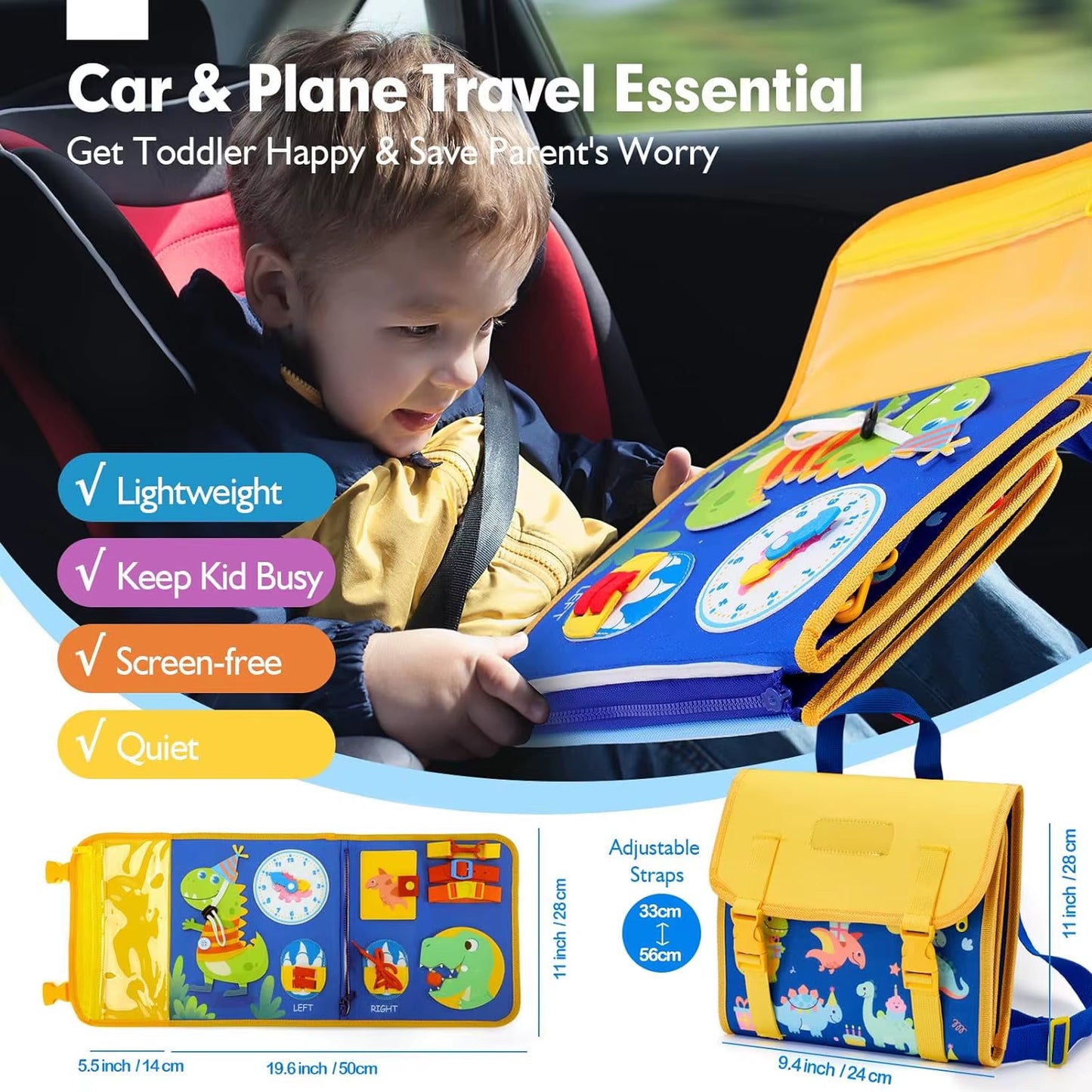 Montessori-Inspired Toddler Busy Board: Educational Travel Toy with Dinosaur Dress-Up and Sensory Life Skills Activities