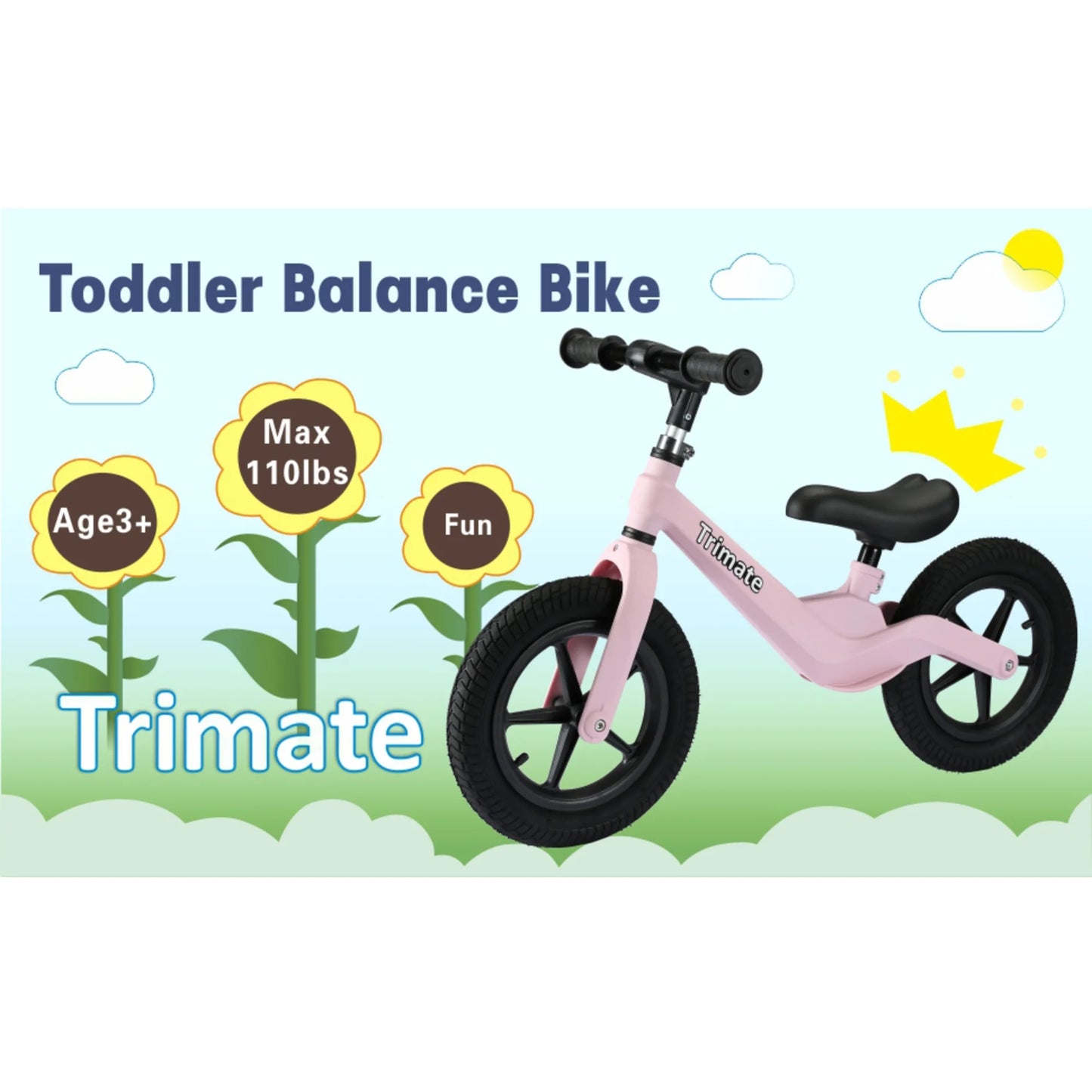 Toddler Balance Bike in Pink - No-Pedal Sport Bike for Ages 3-5, 12" Inflated Tires, Ideal Gift for Boys and Girls with Inseam 16" - 21
