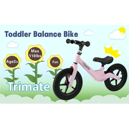 Toddler Balance Bike in Pink - No-Pedal Sport Bike for Ages 3-5, 12" Inflated Tires, Ideal Gift for Boys and Girls with Inseam 16" - 21