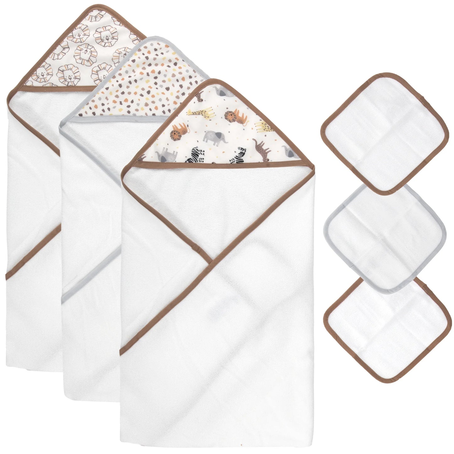 6 Piece Hooded Bath Towel Washcloth Set for Infant, Newborns, Toddlers 3 – 24 Months for Bath Time, Showers, Lounge, Beach, Pool in Safari Animals