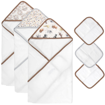 6 Piece Hooded Bath Towel Washcloth Set for Infant, Newborns, Toddlers 3 – 24 Months for Bath Time, Showers, Lounge, Beach, Pool in Safari Animals