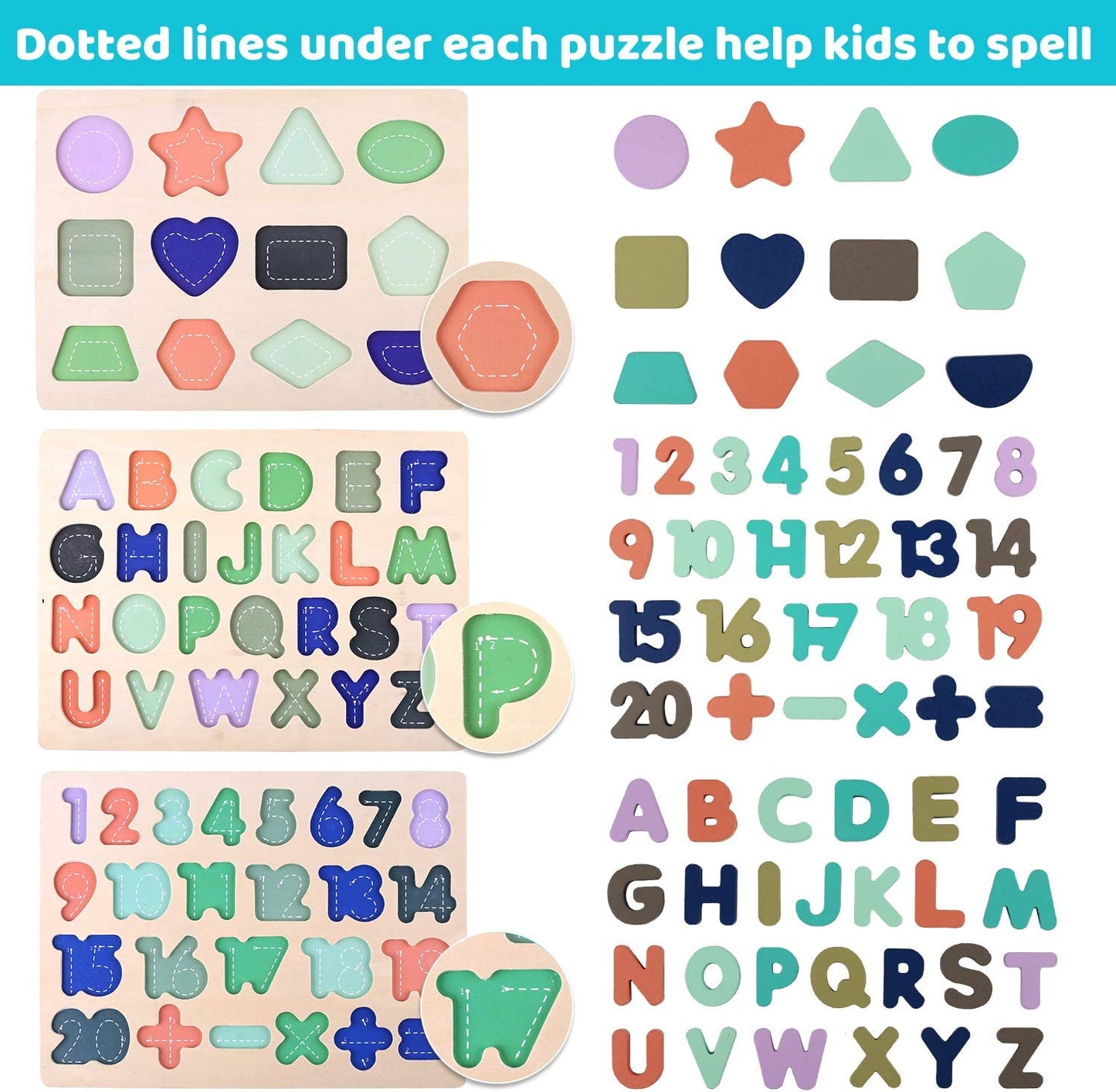 Wooden Educational Puzzles for Toddlers: Alphabet, Number, and Shape Learning Toys for Children Ages 3-5 (Set of 3)