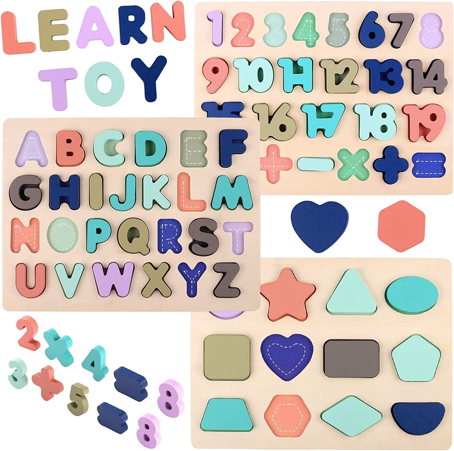Wooden Educational Puzzles for Toddlers: Alphabet, Number, and Shape Learning Toys for Children Ages 3-5 (Set of 3)