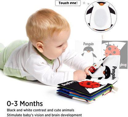 High Contrast Black & White Touch & Feel Crinkle Cloth Books for Infants and Toddlers - Educational Stimulation Toys for Early Development, Ideal Gift for Baby Boys and Girls, Featuring Animal Themes