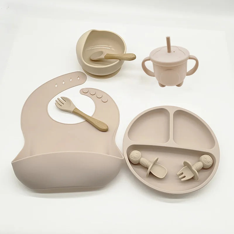 Children's Silicone Tableware Set - 6/8-Piece Dining Essentials with Suction Cups, Forks, Spoons, Bibs, Straws, and Cups for Mothers and Babies