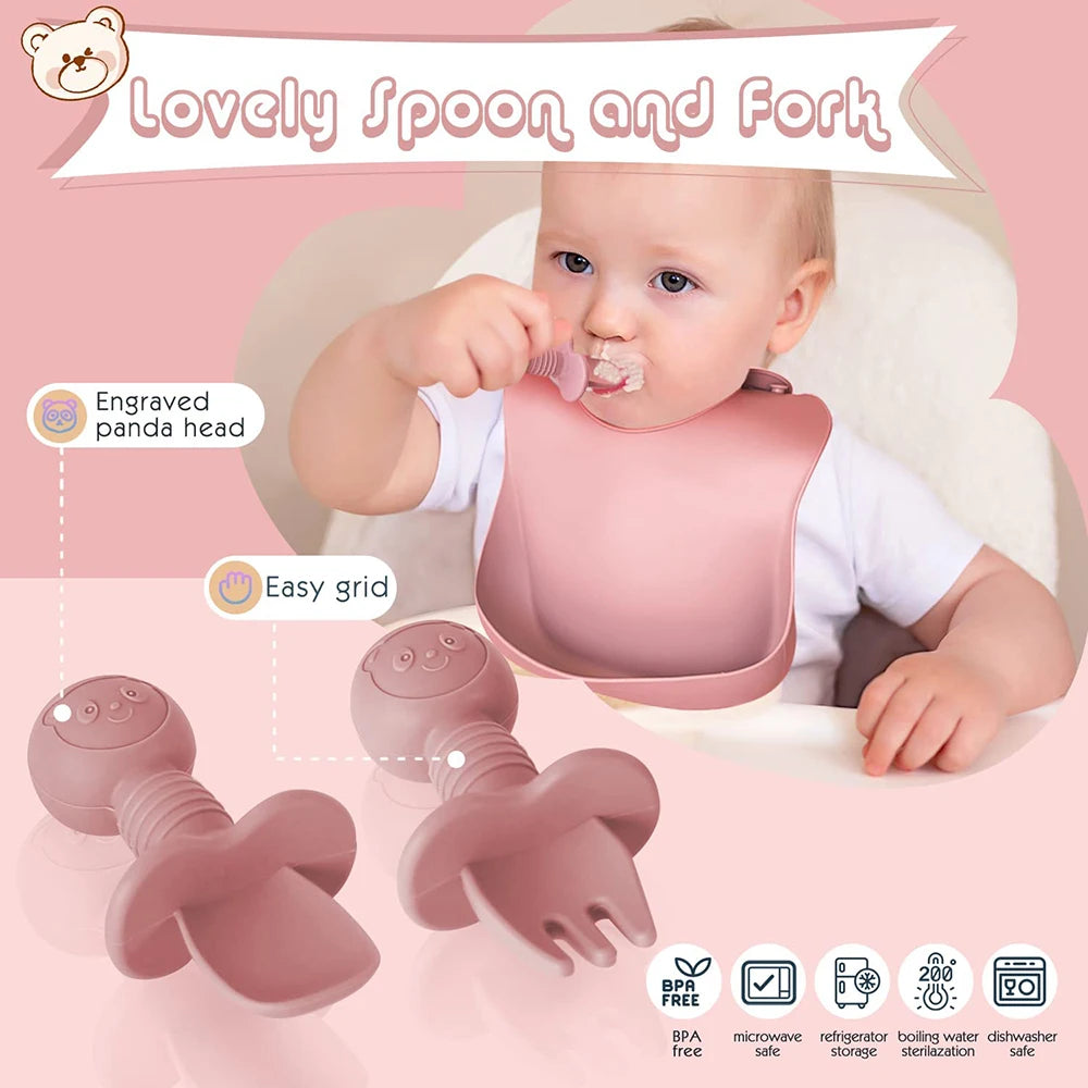 Children's Silicone Tableware Set - 6/8-Piece Dining Essentials with Suction Cups, Forks, Spoons, Bibs, Straws, and Cups for Mothers and Babies