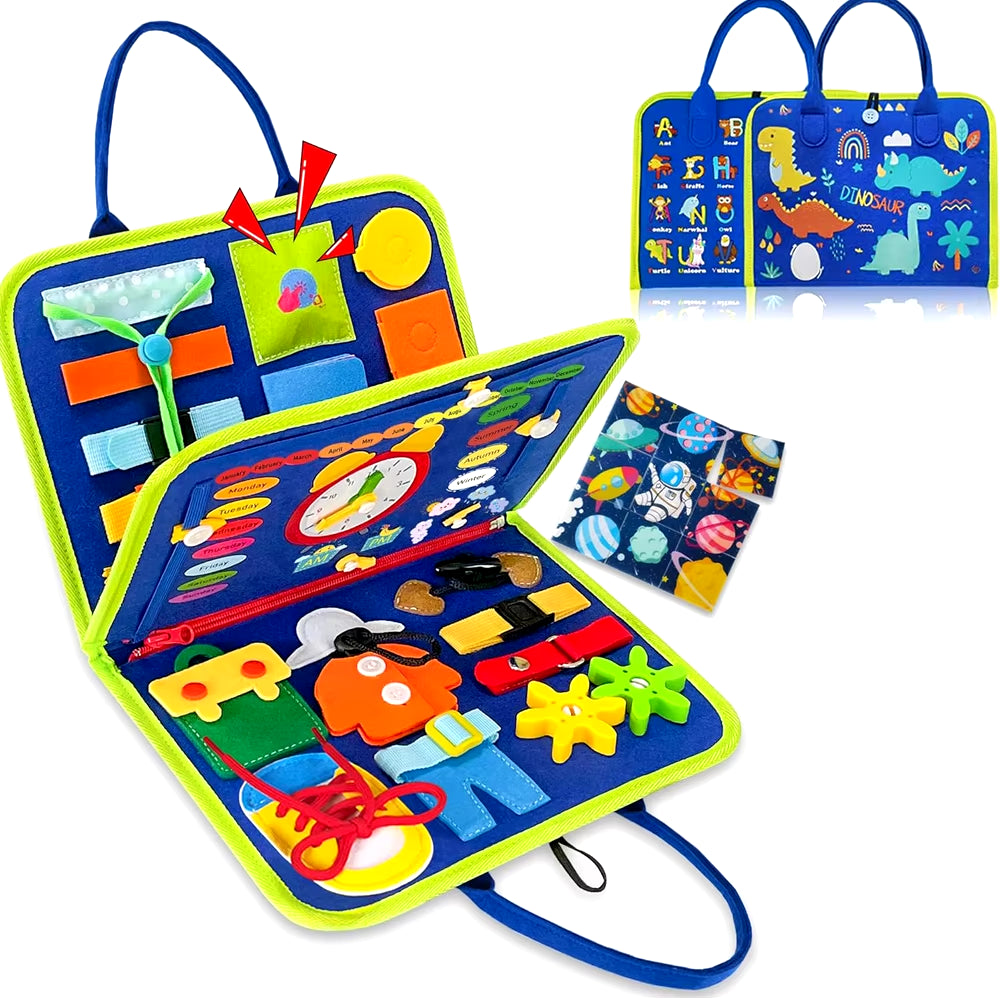 Montessori-Inspired Toddler Busy Board: Educational Travel Toy with Dinosaur Dress-Up and Sensory Life Skills Activities