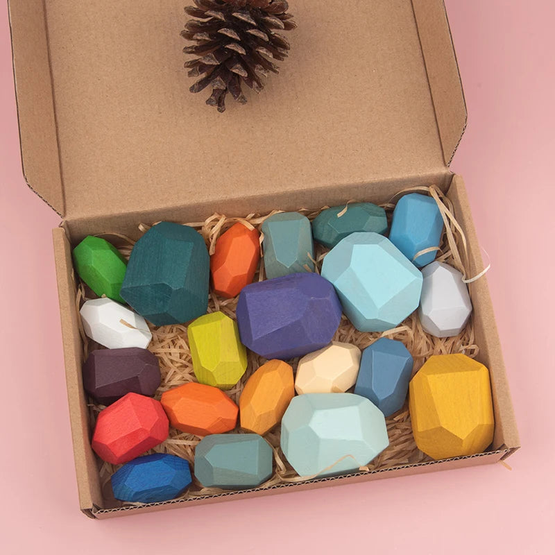 Montessori-Inspired Wooden Stacking Rocks and Sensory Stones for Toddler Learning and Development - Ideal Building Blocks Game for Kids' Birthday Gifts