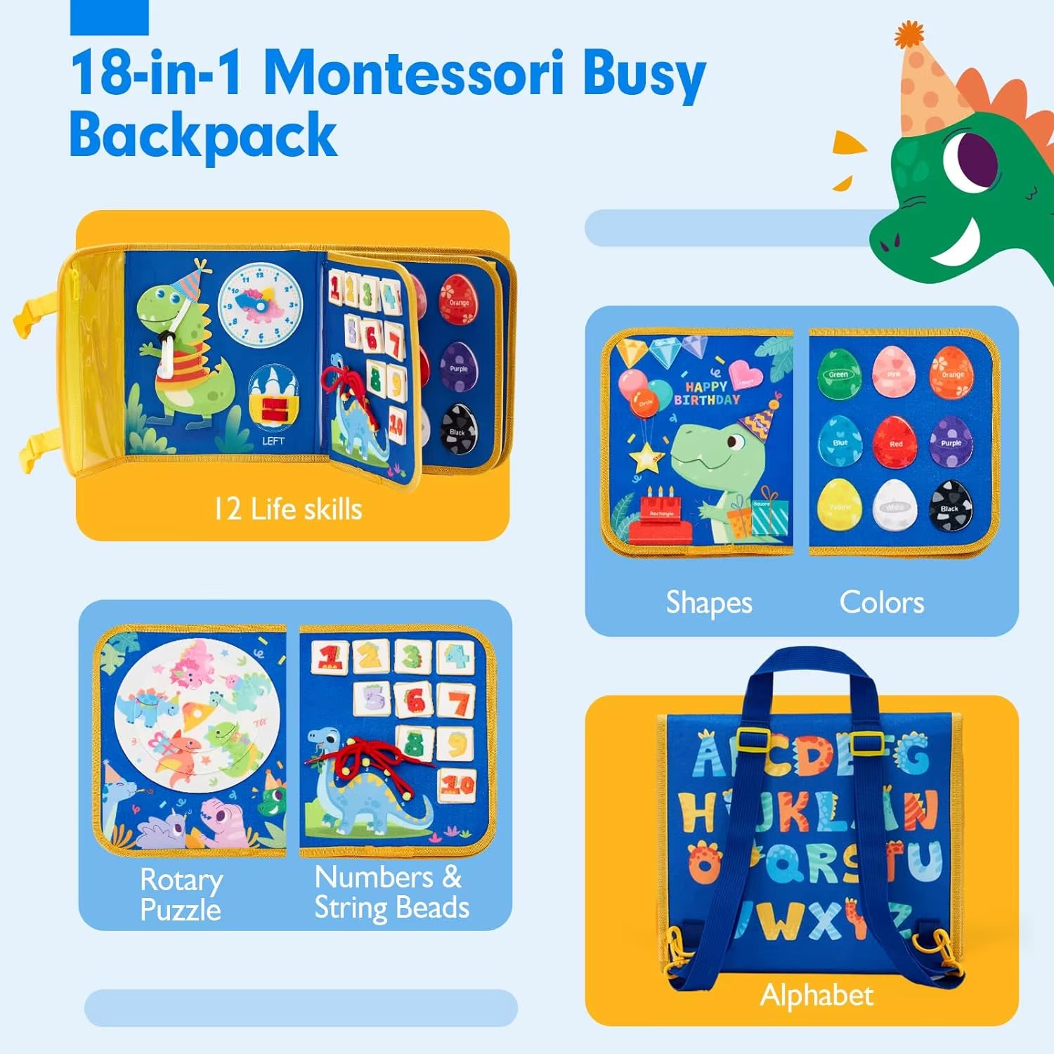Montessori-Inspired Toddler Busy Board: Educational Travel Toy with Dinosaur Dress-Up and Sensory Life Skills Activities