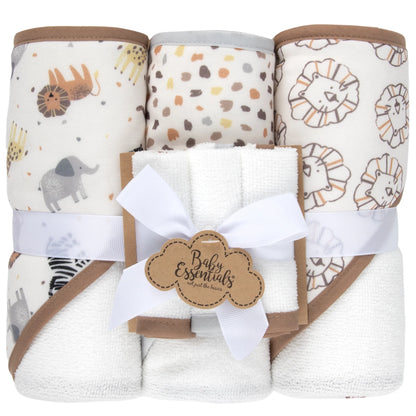 6 Piece Hooded Bath Towel Washcloth Set for Infant, Newborns, Toddlers 3 – 24 Months for Bath Time, Showers, Lounge, Beach, Pool in Safari Animals