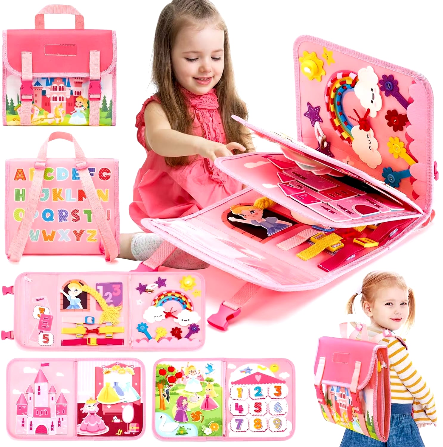 Montessori-Inspired Toddler Busy Board: Educational Travel Toy with Dinosaur Dress-Up and Sensory Life Skills Activities