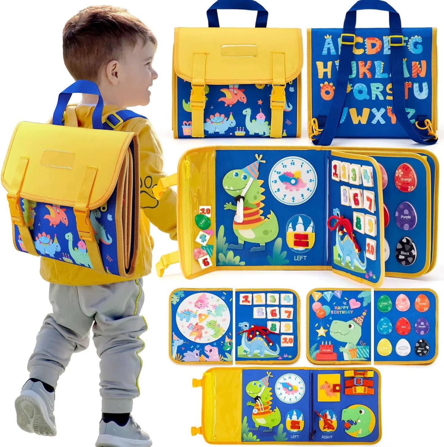 Montessori-Inspired Toddler Busy Board: Educational Travel Toy with Dinosaur Dress-Up and Sensory Life Skills Activities