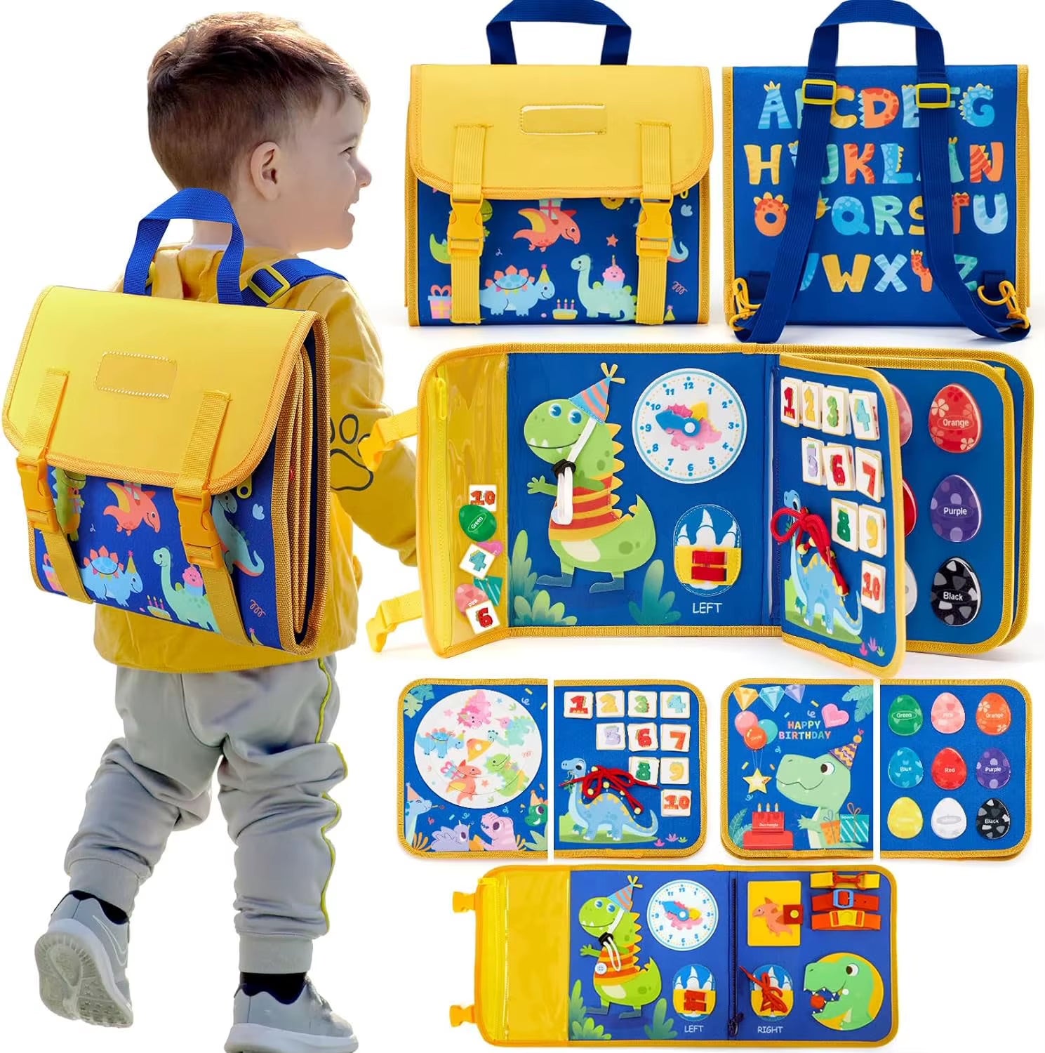 Montessori-Inspired Toddler Busy Board: Educational Travel Toy with Dinosaur Dress-Up and Sensory Life Skills Activities