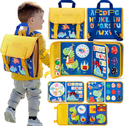 Montessori-Inspired Toddler Busy Board: Educational Travel Toy with Dinosaur Dress-Up and Sensory Life Skills Activities