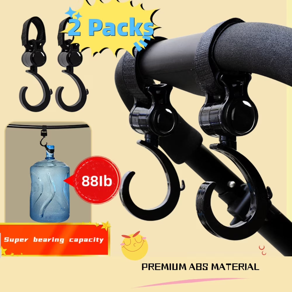 Multifunctional 360° Rotating Stroller Hooks, Zinc Alloy, Black, Set of 2