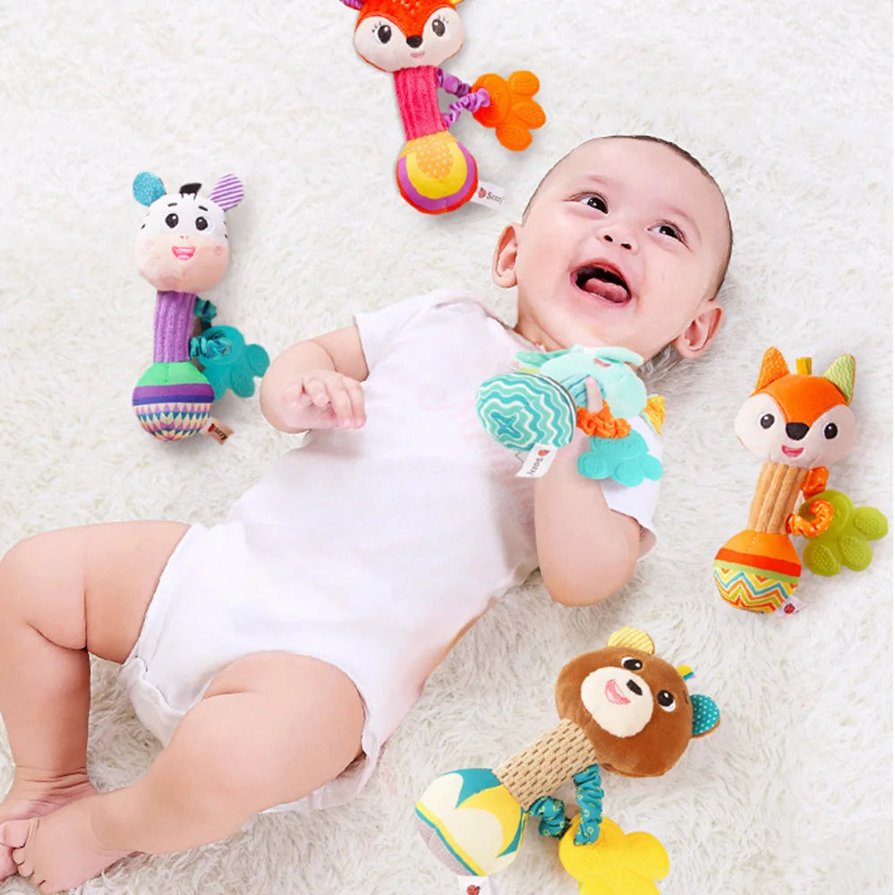 Soft Plush Baby Rattles - Sensory Hand Grip Toys with Crinkle and Squeaky Features for Toddlers - Ideal Travel Accessories and Gift Options