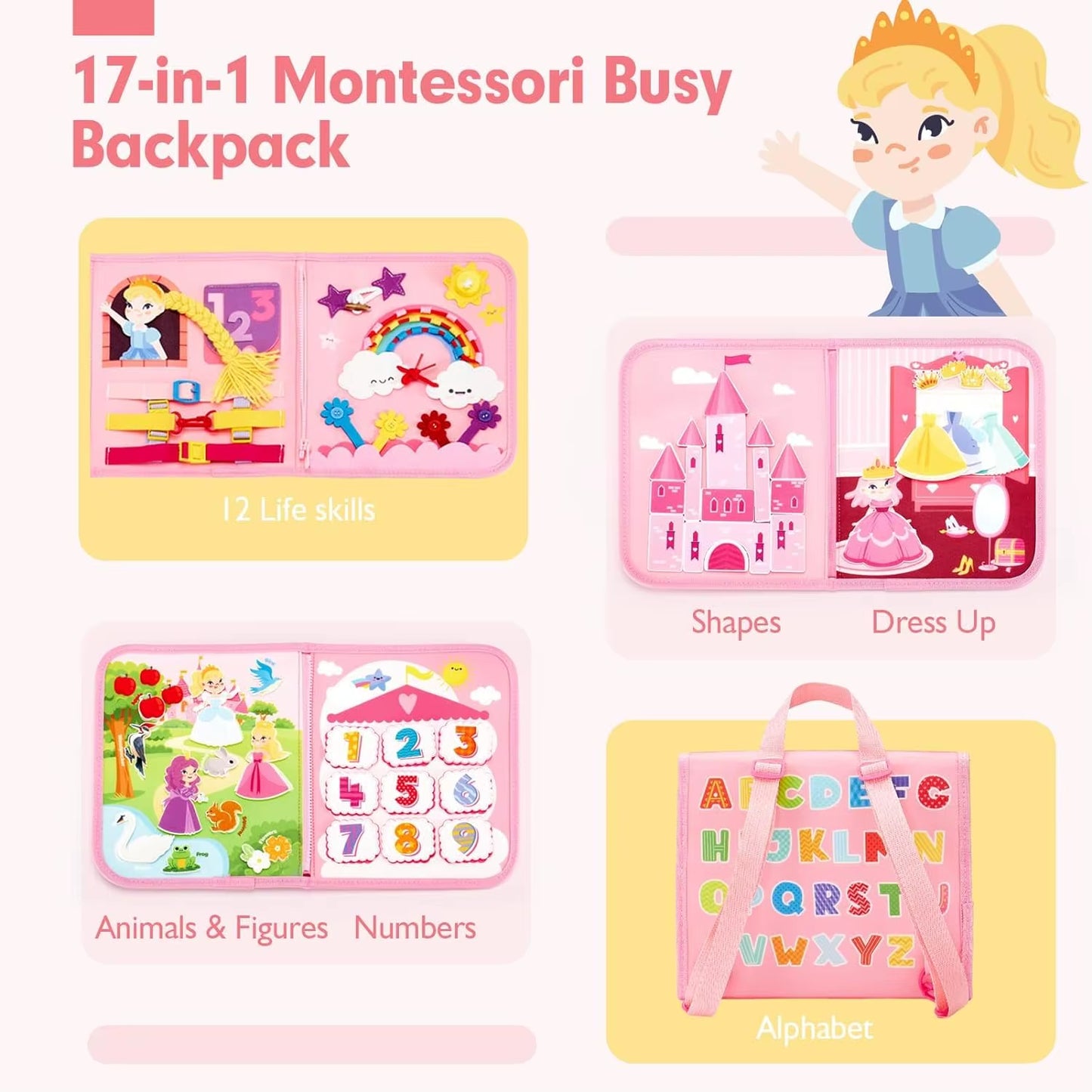Montessori-Inspired Toddler Busy Board: Educational Travel Toy with Dinosaur Dress-Up and Sensory Life Skills Activities