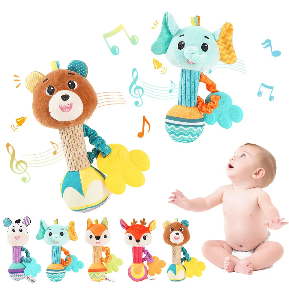 Soft Plush Baby Rattles - Sensory Hand Grip Toys with Crinkle and Squeaky Features for Toddlers - Ideal Travel Accessories and Gift Options